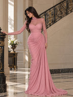 Women’s Elegant Mesh High Neck Long Sleeve Sheath Maxi Dress with Rhinestone Embellishment and Asymmetric Ruched Detail