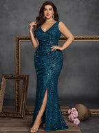 Women’s Olive Glamorous Sequin V Neck Sleeveless High Slit Maxi Dress