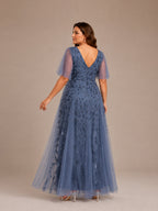 Women’s Burgundy Glamorous Sequin Mesh V Neck Flutter Short Sleeve A-Line Maxi Dress with Embellished Detail