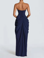 Women’s Pale Yellow Glamorous Strapless Sleeveless Slim Fit Maxi Dress with Ruched High Slit Detail