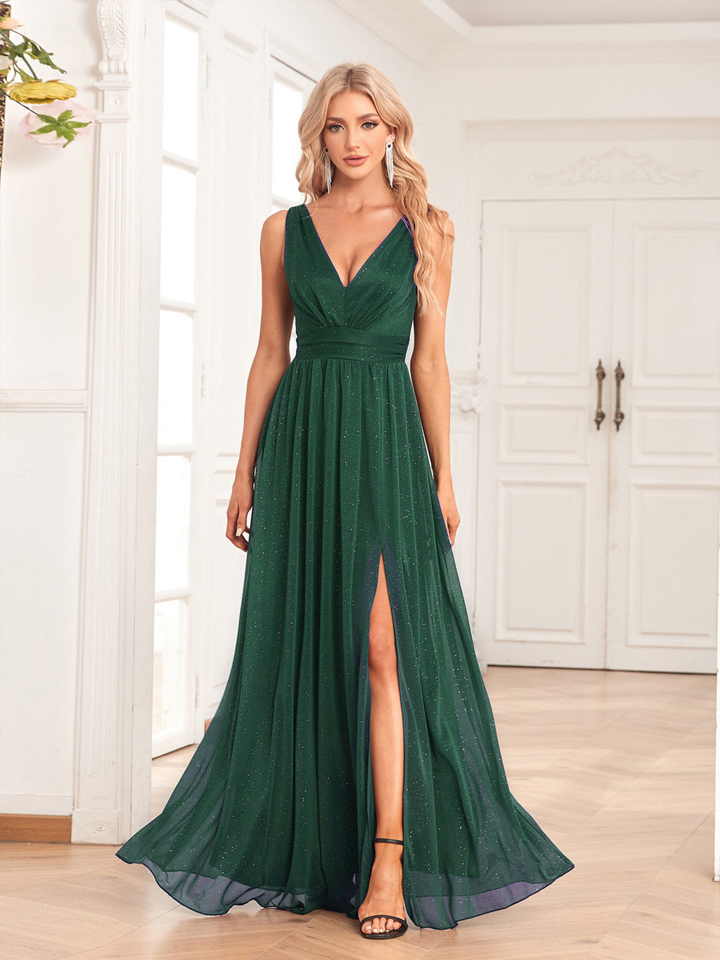 Women’s Navy Blue Elegant Glitter V-Neck Sleeveless A-Line Maxi Dress with Ruched Waist and High Slit