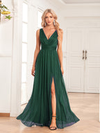 Women’s Navy Blue Elegant Glitter V-Neck Sleeveless A-Line Maxi Dress with Ruched Waist and High Slit