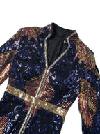 Women’s Multicolor Elegant Sequin Mesh Stand Collar Split Long Sleeve A-Line Maxi Dress with Contrast Trim