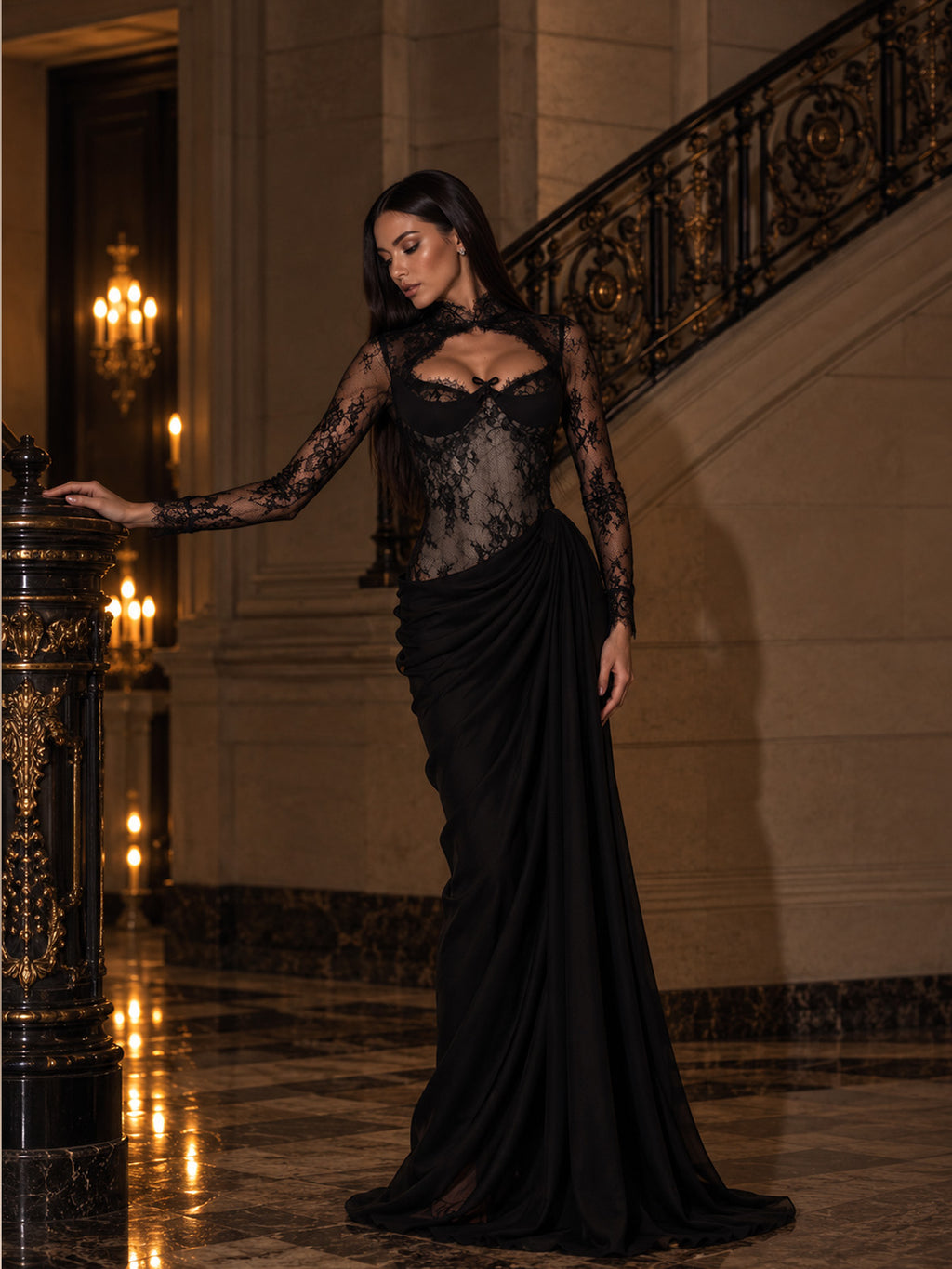 Women’s Black Gothic Elegant Floral Lace High Neck Long Sleeve Sheer Mermaid Maxi Dress with Ruched Draped Detail