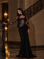 Women’s Black Gothic Elegant Floral Lace High Neck Long Sleeve Sheer Mermaid Maxi Dress with Ruched Draped Detail