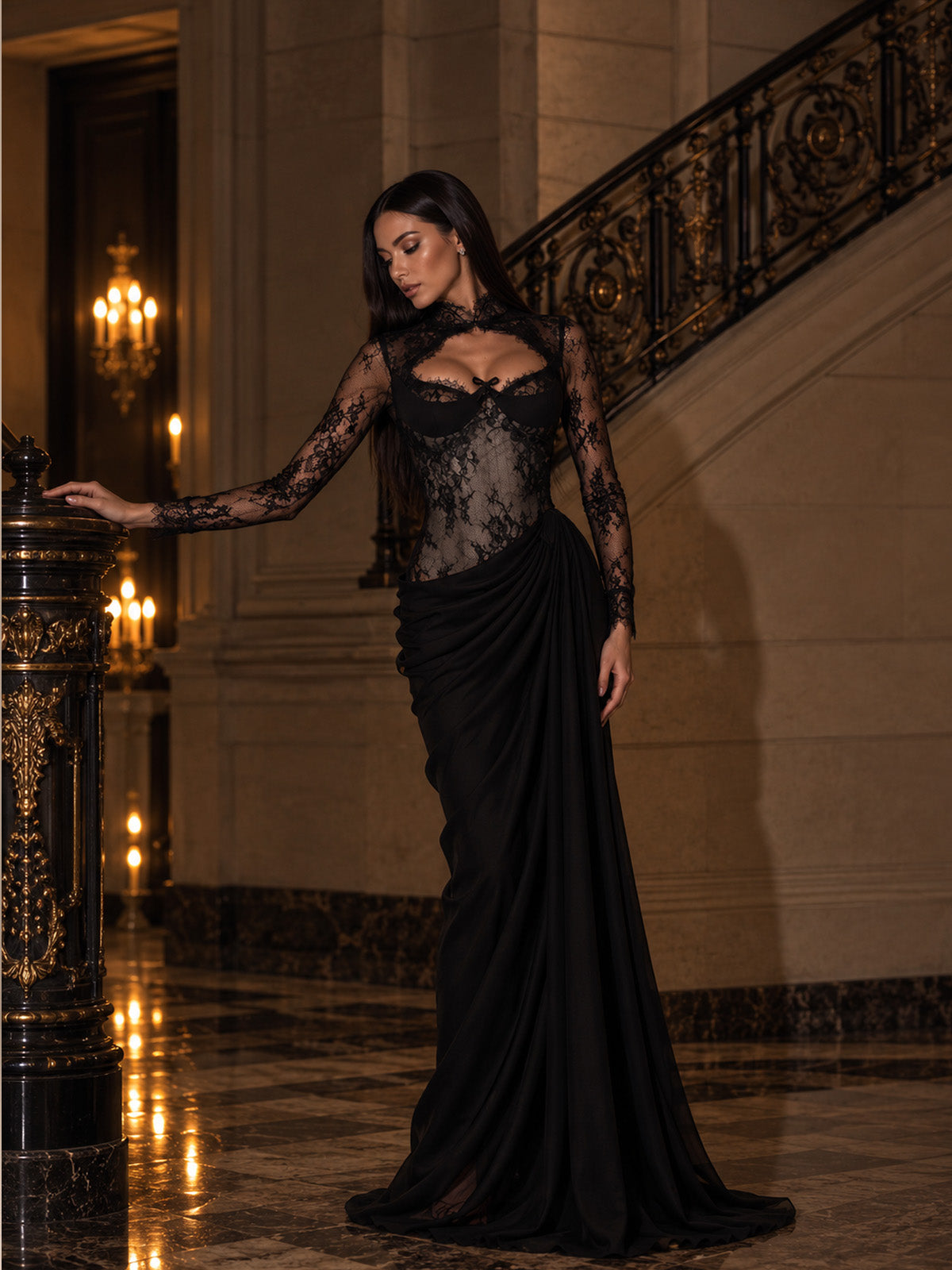 Women’s Black Gothic Elegant Floral Lace High Neck Long Sleeve Sheer Mermaid Maxi Dress with Ruched Draped Detail