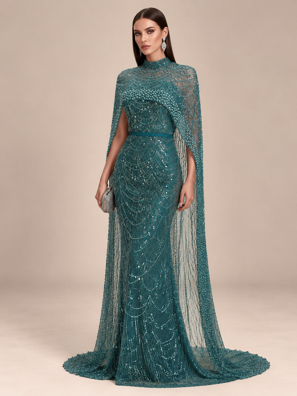 Women’s Champagne Beaded Mermaid Wedding Dress High Neck Long Sleeve Bridal Gown with Crystal Embellished Cape Detail