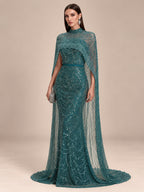 Women’s Champagne Beaded Mermaid Wedding Dress High Neck Long Sleeve Bridal Gown with Crystal Embellished Cape Detail