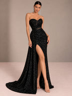 Women’s Champagne Gold Glamorous Sequin One Shoulder Sleeveless Mermaid Maxi Dress with Ruched Detail, High Slit and Lace-Up Back