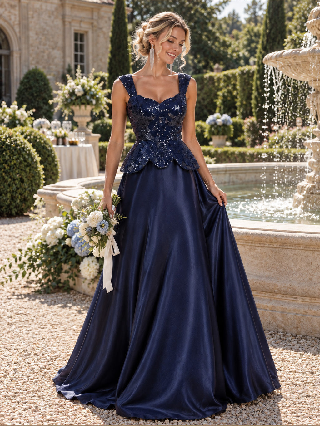 Women’s Navy Blue Elegant Sequin Sweetheart Neck Sleeveless Satin A-Line Maxi Dress with Peplum Waist Detail