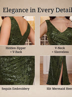 Women’s Olive Glamorous Sequin V Neck Sleeveless High Slit Maxi Dress
