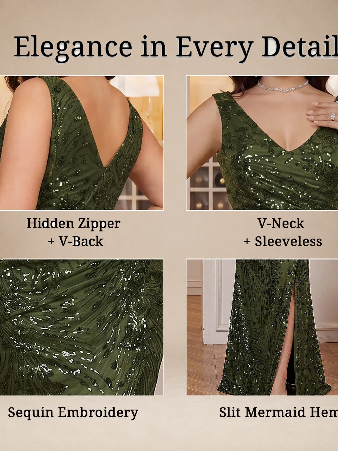 Women’s Olive Glamorous Sequin V Neck Sleeveless High Slit Maxi Dress