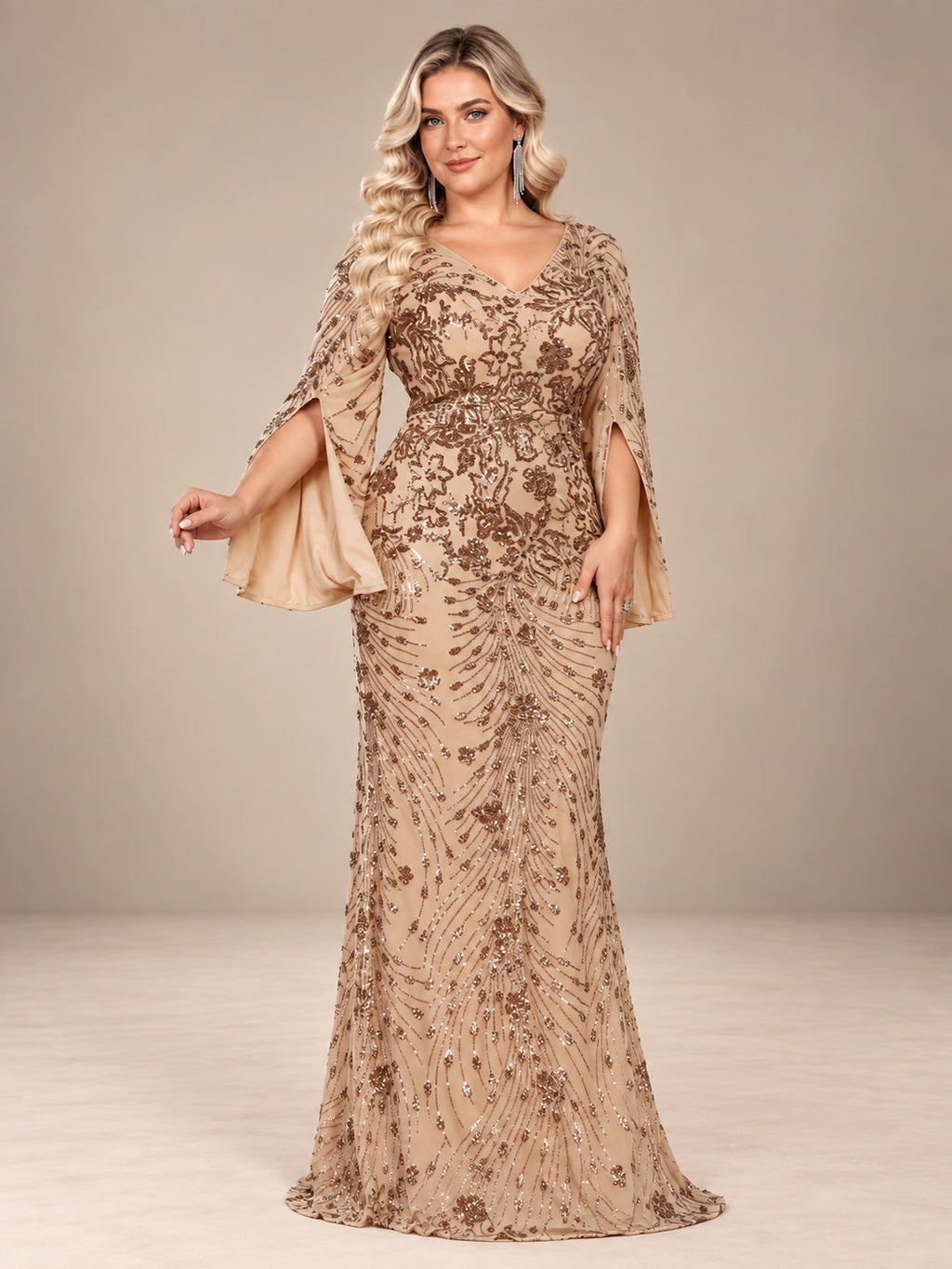 Women’s Teal Blue Elegant Sequin V-Neck Cape Sleeve Mermaid Maxi Dress with Floral Embroidery