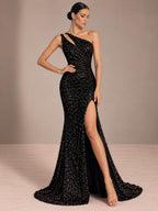 Women’s Champagne Gold Glamorous Sequin One Shoulder Sleeveless Mermaid Maxi Dress with Ruched Detail, High Slit and Lace-Up Back