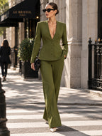Women's Tailored Deep V-Neck Long Sleeve Blazer and Wide-Leg Pants Set with Three-Button Detail