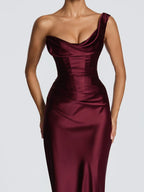 Women’s Burgundy Ruched Satin One-Shoulder Sleeveless Slim Maxi Cocktail Dress
