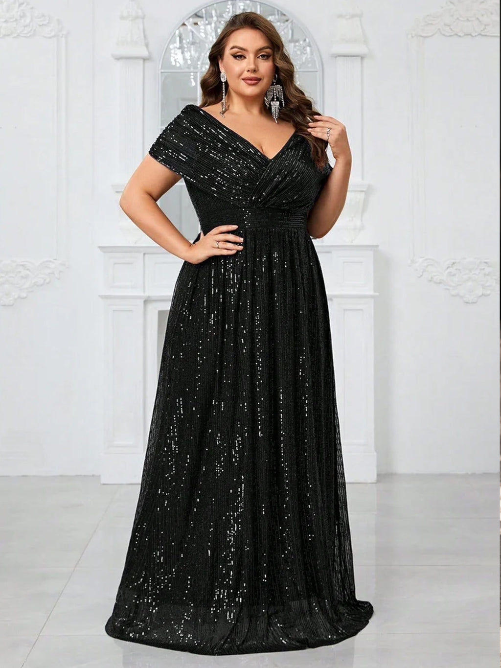 Women’s Navy Blue Glamorous Sequin Mesh V Neck Short Sleeve A-Line Maxi Dress with Pleated Wrap Bodice Detail