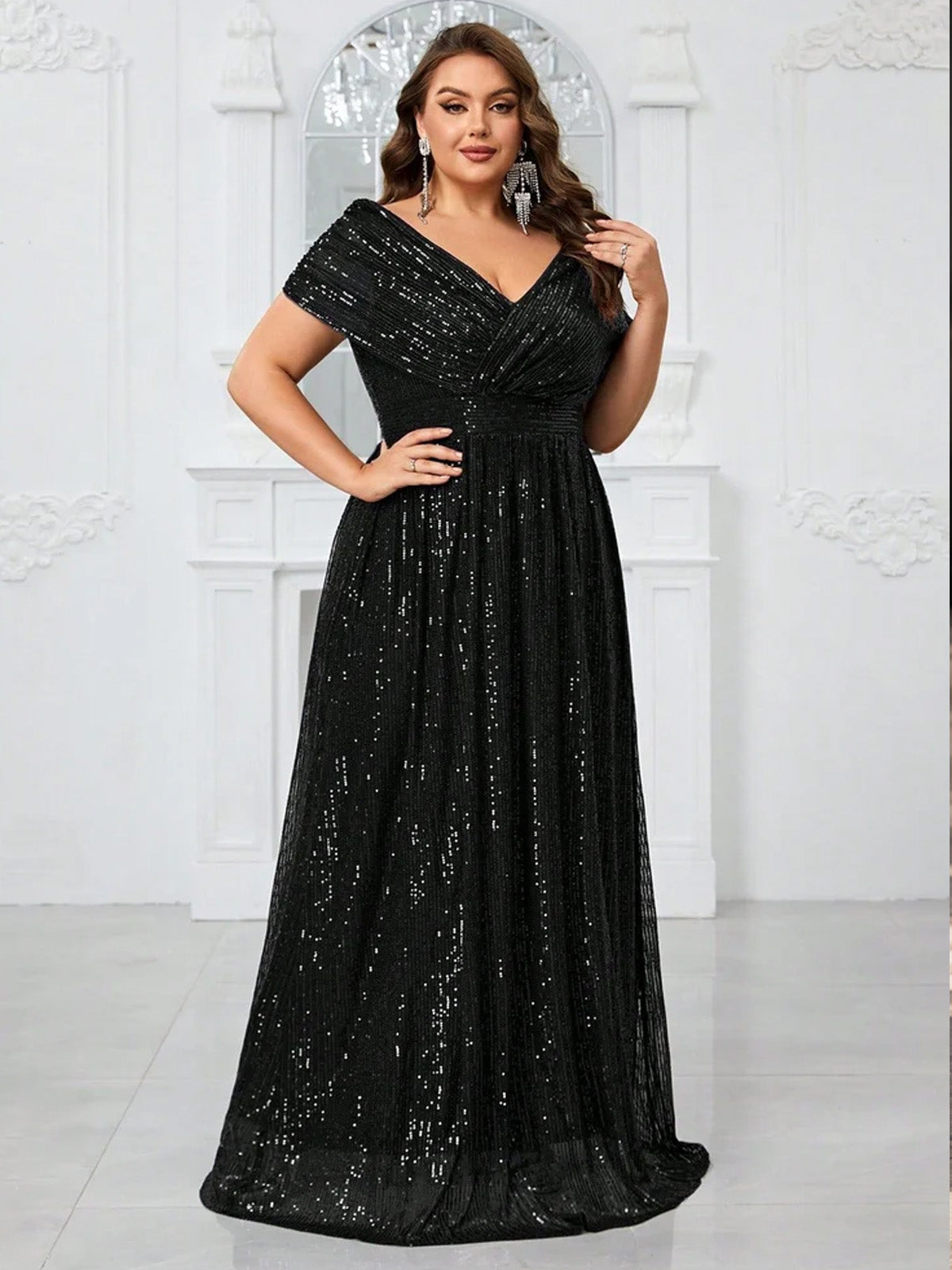 Women’s Navy Blue Glamorous Sequin Mesh V Neck Short Sleeve A-Line Maxi Dress with Pleated Wrap Bodice Detail