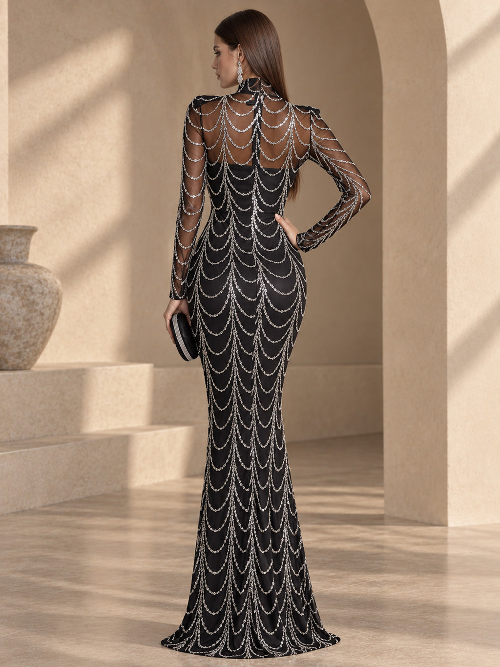 Women’s Black Luxury Sequin Mesh High Neck Long Sleeve Mermaid Maxi Dress with Draped Crystal Pattern