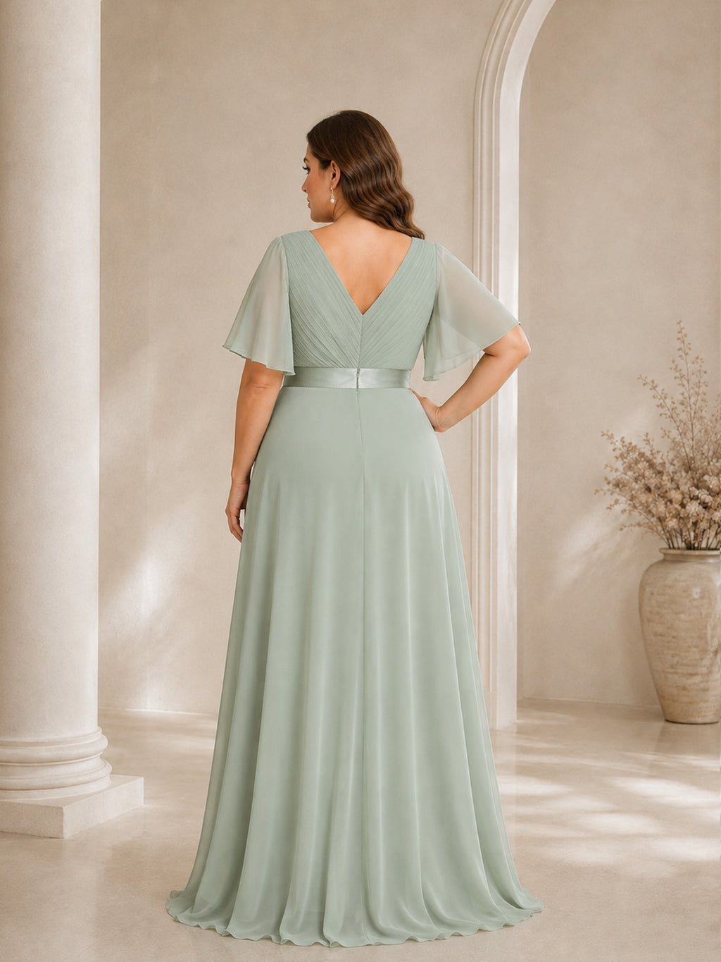 Women’s White Graceful Chiffon V Neck Flutter Short Sleeve A-Line Maxi Dress with Pleated Bodice Detail