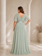 Women’s White Graceful Chiffon V Neck Flutter Short Sleeve A-Line Maxi Dress with Pleated Bodice Detail