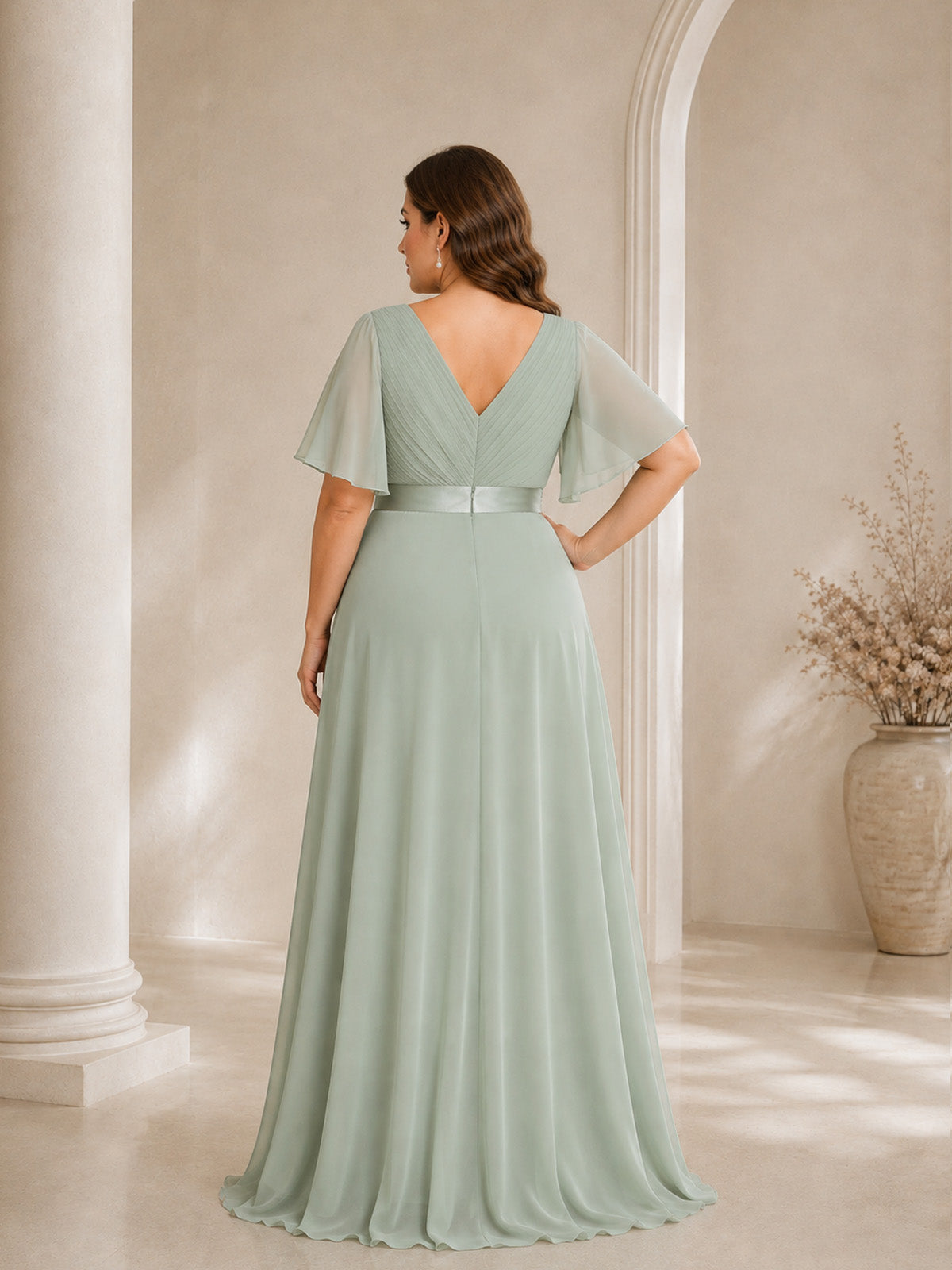 Women’s White Graceful Chiffon V Neck Flutter Short Sleeve A-Line Maxi Dress with Pleated Bodice Detail