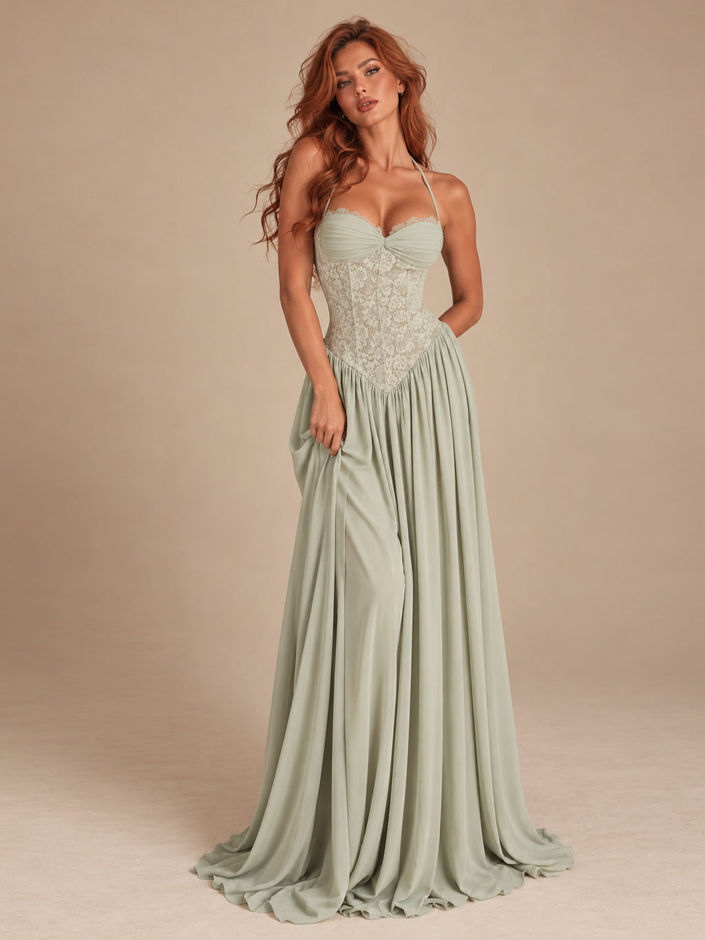 Women’s Blush Pink Elegant Chiffon Sweetheart Neck Spaghetti Strap A-Line Maxi Dress with Lace Corset Detail