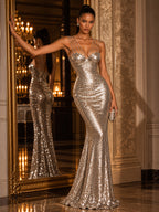 Women’s Glamorous Sequin Sweetheart Neck Sleeveless Mermaid Maxi Dress with Rhinestone Straps and Fitted Waist