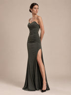 Women’s Dark Olive Green Elegant Strapless Sweetheart Neck Sleeveless Mermaid Maxi Dress with Ruched Detail and High Slit