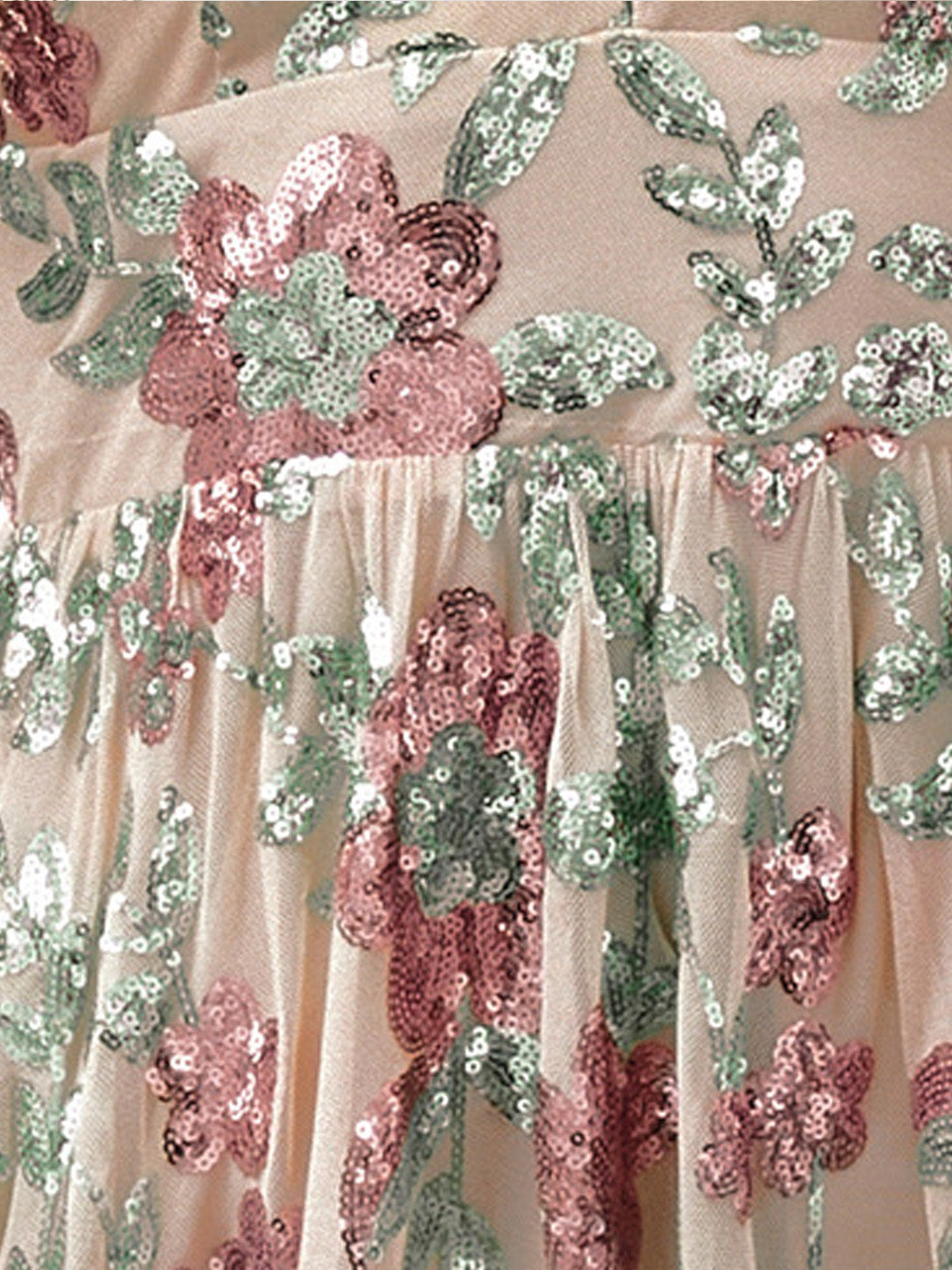 Women’s Champagne Elegant Floral Sequin V-Neck Long Sleeve A-Line Maxi Dress with Sheer Mesh Detail