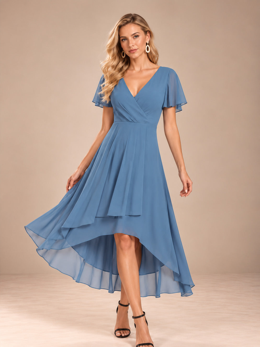 Women’s Emerald Green Elegant Chiffon V-Neck Flutter Sleeve High-Low A-Line Midi Dress with Wrap Detail