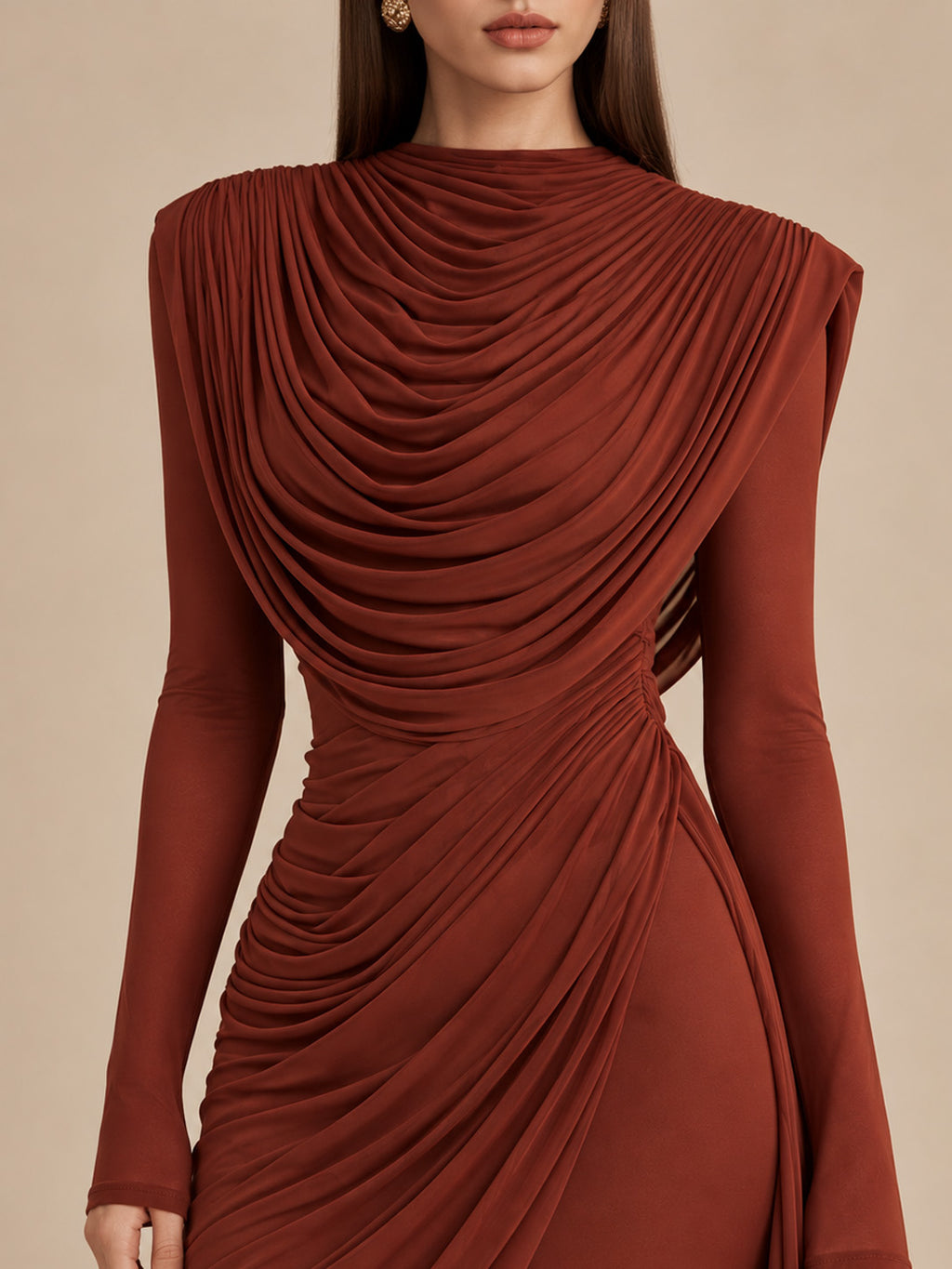 Women’s Rust Brown Elegant Stretch Jersey High Neck Long Sleeve Mermaid Maxi Dress with Draped Scarf Detail