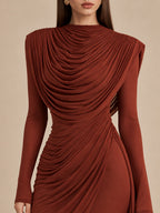 Women’s Rust Brown Elegant Stretch Jersey High Neck Long Sleeve Mermaid Maxi Dress with Draped Scarf Detail