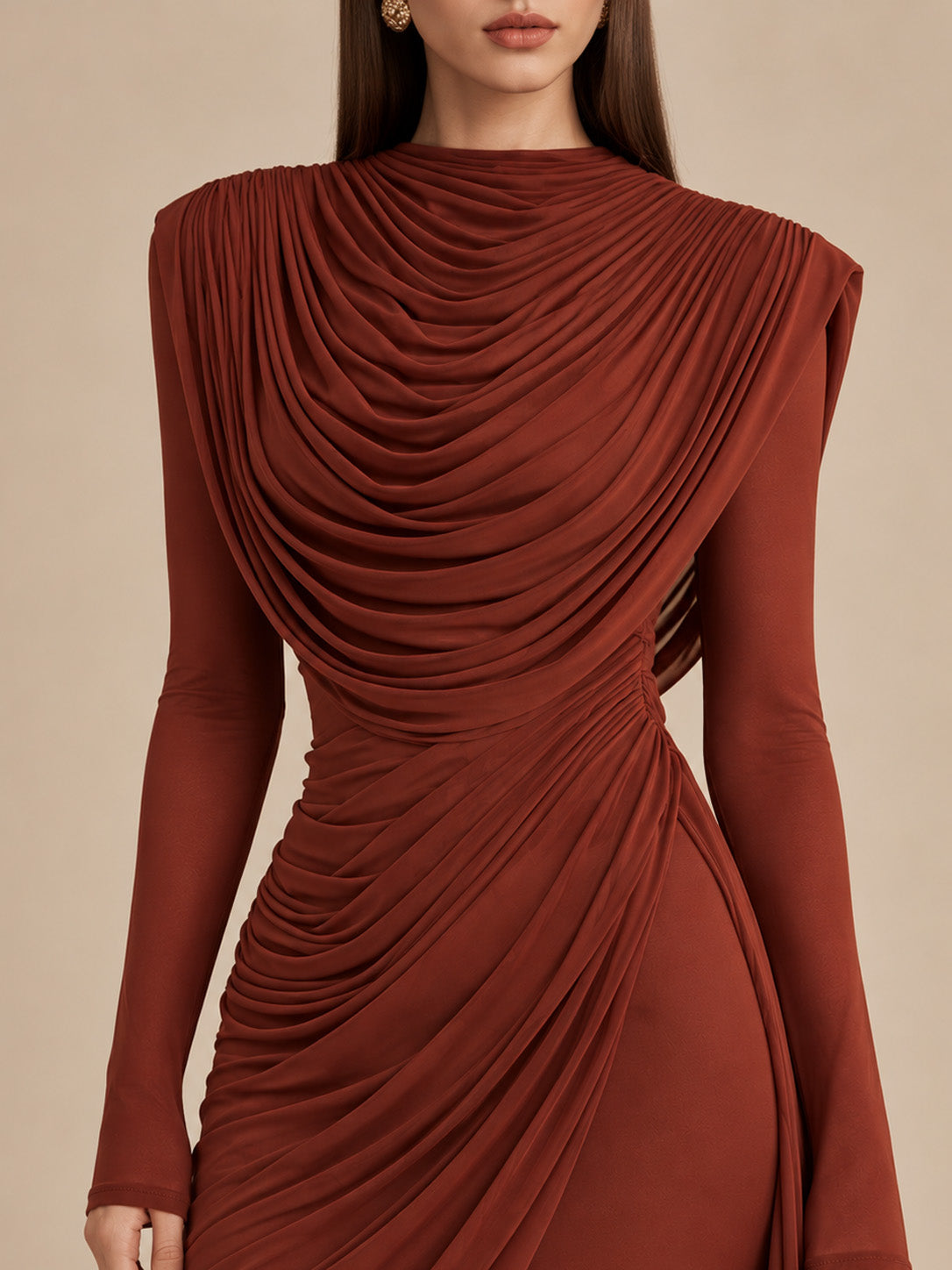 Women’s Rust Brown Elegant Stretch Jersey High Neck Long Sleeve Mermaid Maxi Dress with Draped Scarf Detail