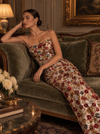 Women’s Champagne Gold Elegant Floral Sequin Square Neck Spaghetti Strap Sleeveless Sheath Maxi Dress with Back Slit