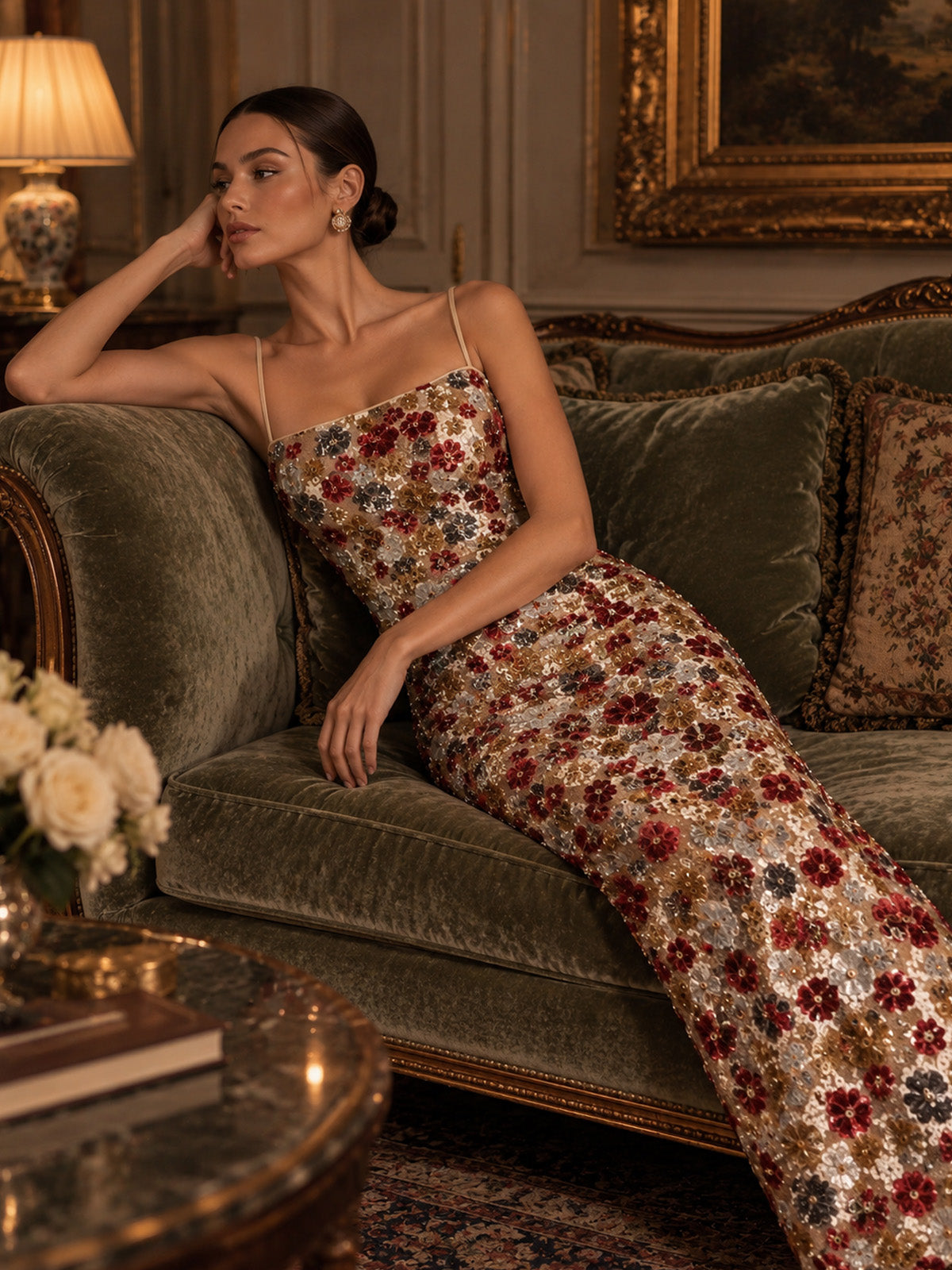 Women’s Champagne Gold Elegant Floral Sequin Square Neck Spaghetti Strap Sleeveless Sheath Maxi Dress with Back Slit