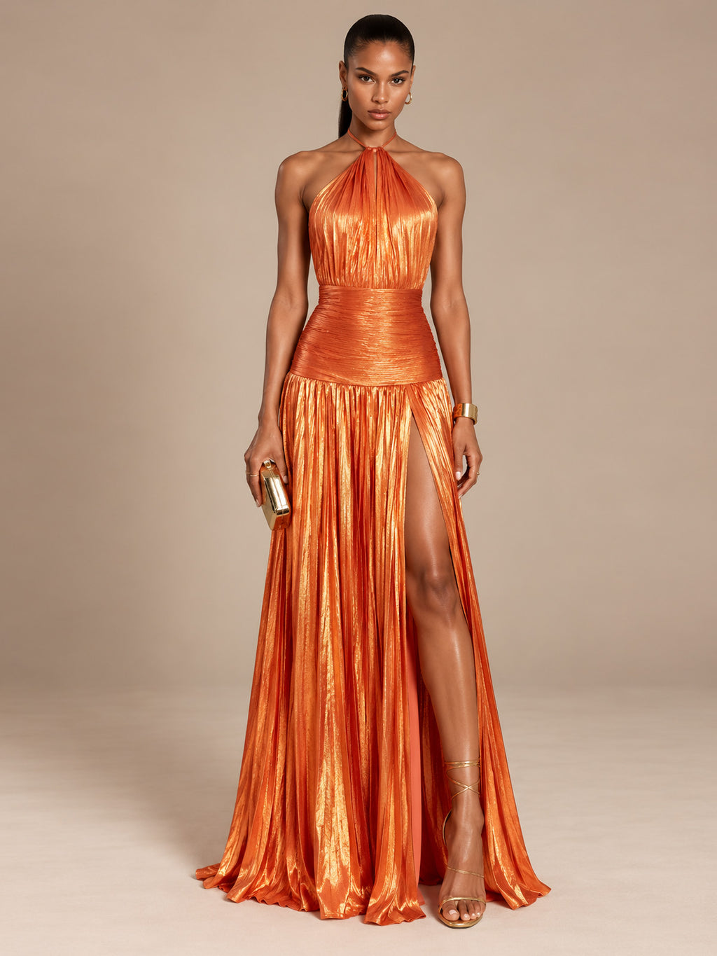 Women’s Metallic Glamorous Halter Neck Sleeveless Backless A-Line Maxi Dress with Ruched Waist and High Slit