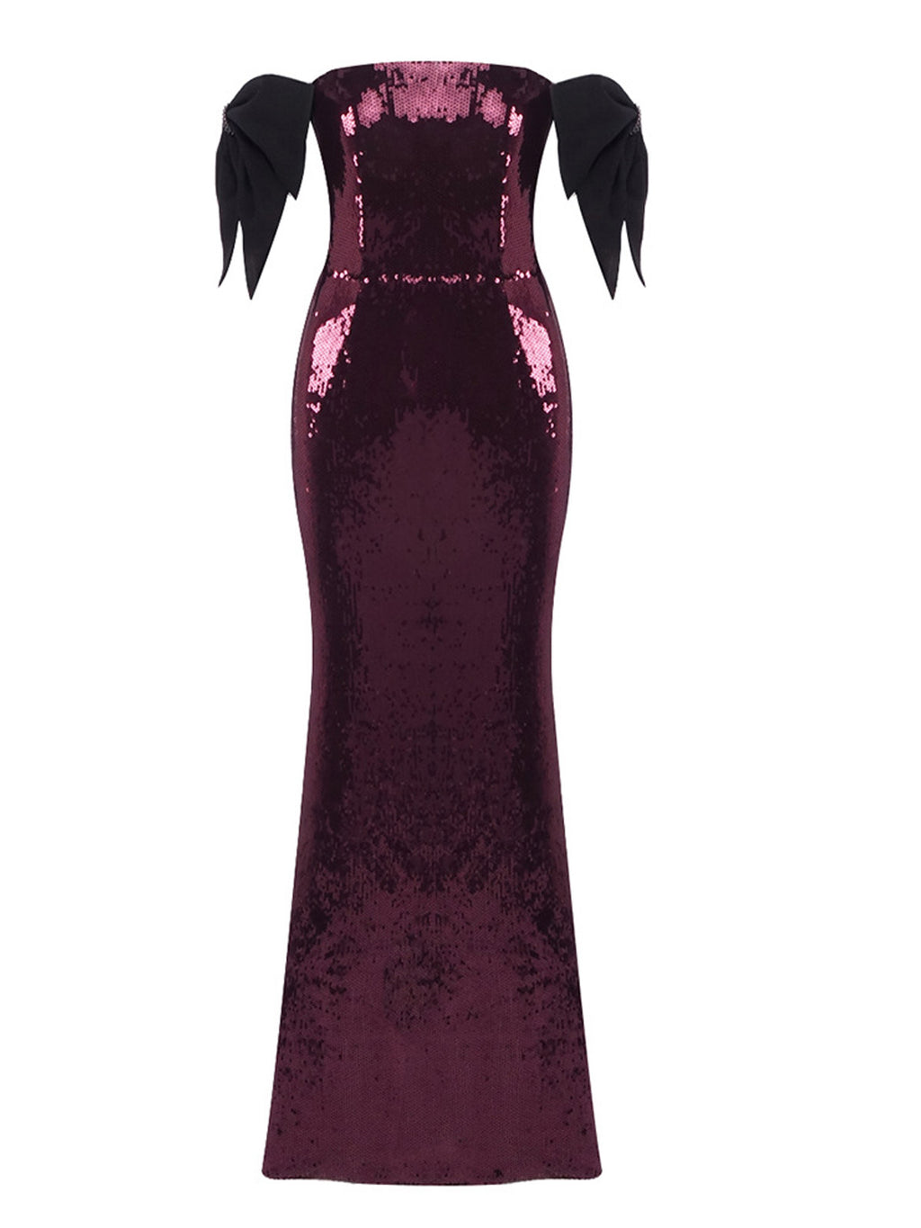 Women’s Burgundy Purple Glamorous Sequin Off-Shoulder Short Sleeve Mermaid Maxi Dress with Black Bow Detail