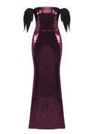 Women’s Burgundy Purple Glamorous Sequin Off-Shoulder Short Sleeve Mermaid Maxi Dress with Black Bow Detail