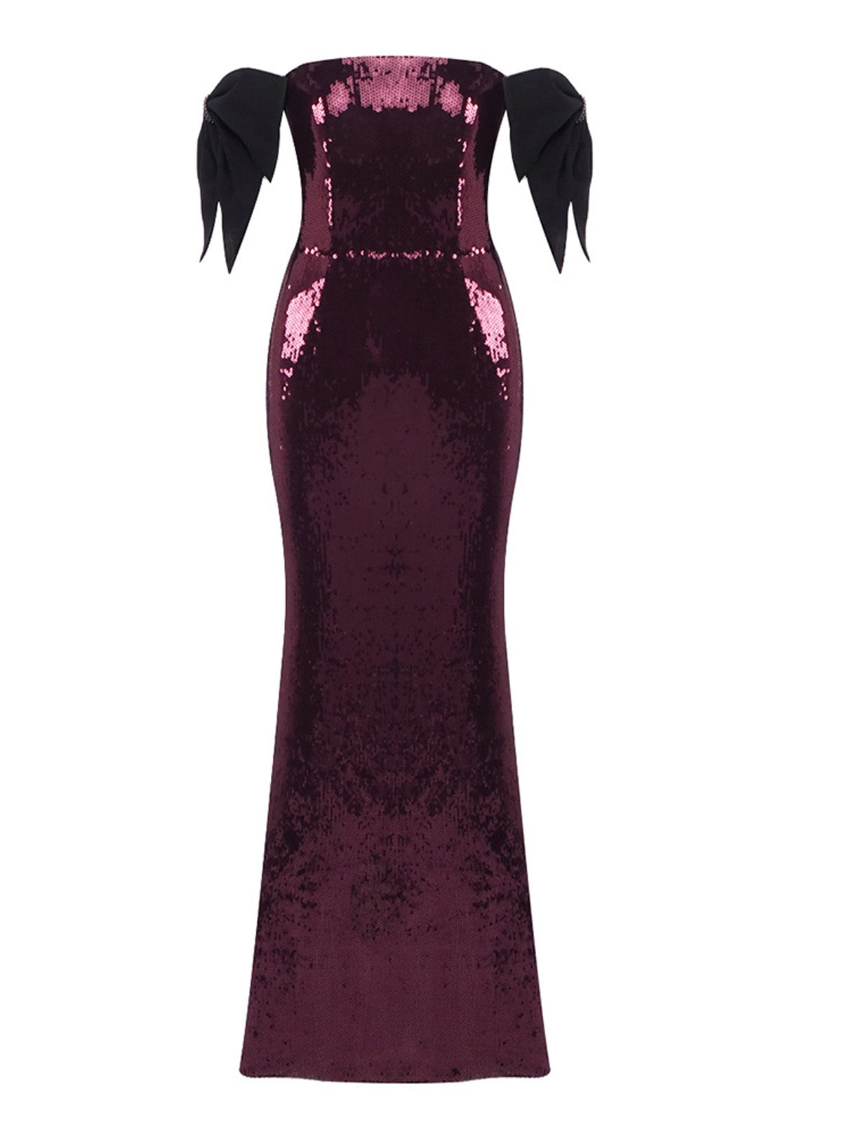 Women’s Burgundy Purple Glamorous Sequin Off-Shoulder Short Sleeve Mermaid Maxi Dress with Black Bow Detail