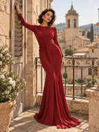 Women’s Burgundy Elegant Ruched Round Neck Long Sleeve Mermaid Maxi Dress with Draped Waist