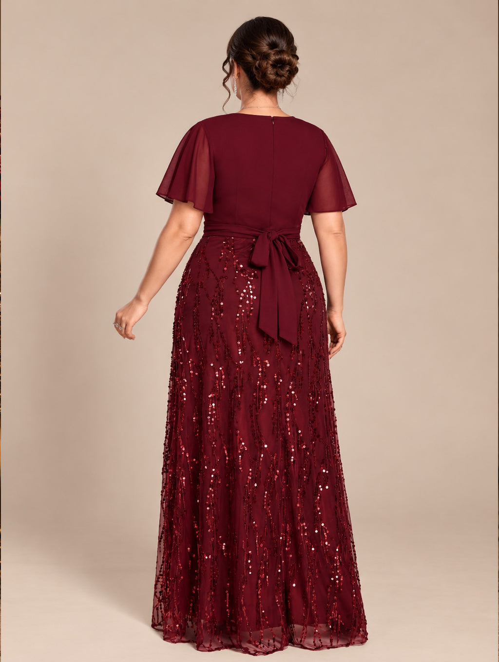 Women's Plus Size Burgundy Sequin V-Neck Flutter Sleeve A-Line Maxi Evening Dress