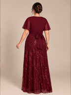 Women's Plus Size Burgundy Sequin V-Neck Flutter Sleeve A-Line Maxi Evening Dress