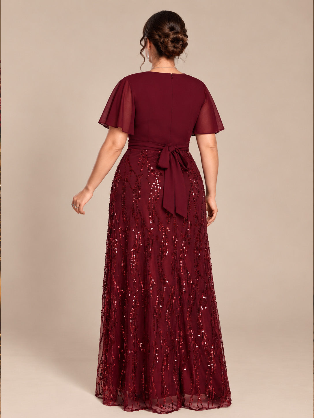 Women's Plus Size Burgundy Sequin V-Neck Flutter Sleeve A-Line Maxi Evening Dress