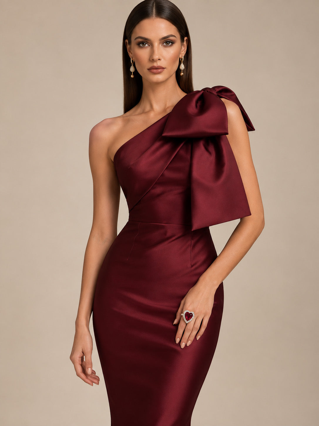 Women’s Burgundy Elegant Satin One Shoulder Sleeveless Mermaid Maxi Dress with Oversized Bow Detail