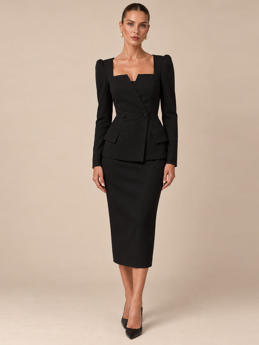 Women's Elegant Square Neck Long Sleeve Tailored Blazer and Midi Pencil Skirt Two-Piece Suit Set