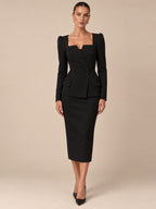 Women's Elegant Square Neck Long Sleeve Tailored Blazer and Midi Pencil Skirt Two-Piece Suit Set