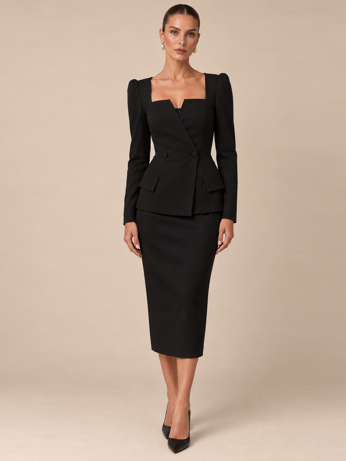 Women's Elegant Square Neck Long Sleeve Tailored Blazer and Midi Pencil Skirt Two-Piece Suit Set