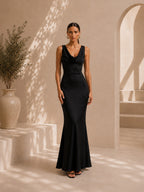 Women’s Burgundy Satin Cowl Neck Sleeveless Slim Mermaid Maxi Dress