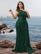 Women’s Black Elegant Sequin Lace Asymmetric Neck Cap Sleeve Mermaid Maxi Dress with Draped Side Panel